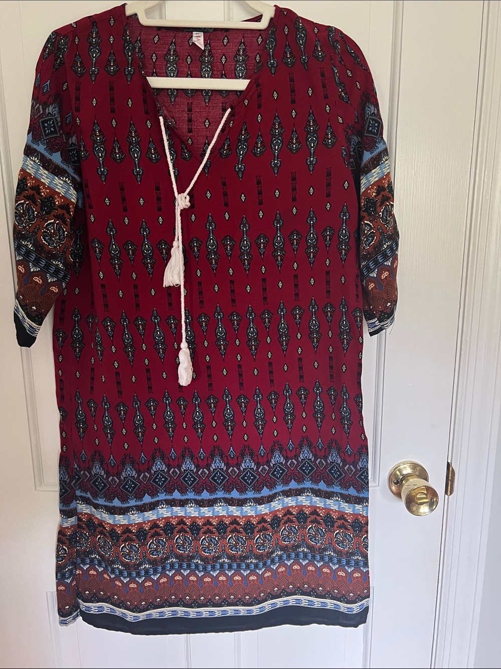 Boho-Print Burgundy Tassel Tunic Dress